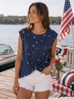 NWOT Lucky Brand Womens Navy Star Print Twist Front Short Sleeve Casual Medium